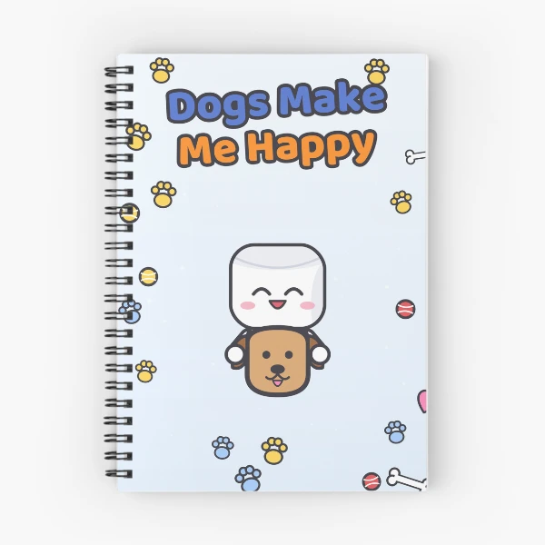 Dogs Make Me Happy - Cute Marshmallow Pip Hugging a Puppy — Spiral Notebook by BiMood