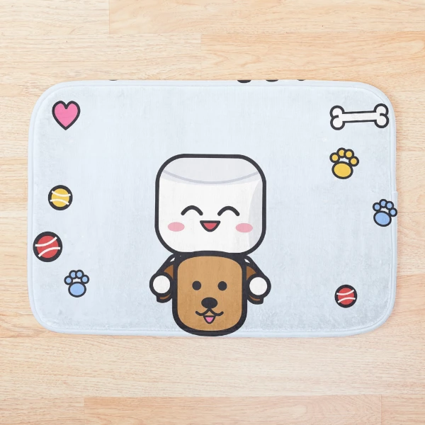 Dogs Make Me Happy - Cute Marshmallow Pip Hugging a Puppy — Bath Mat by BiMood