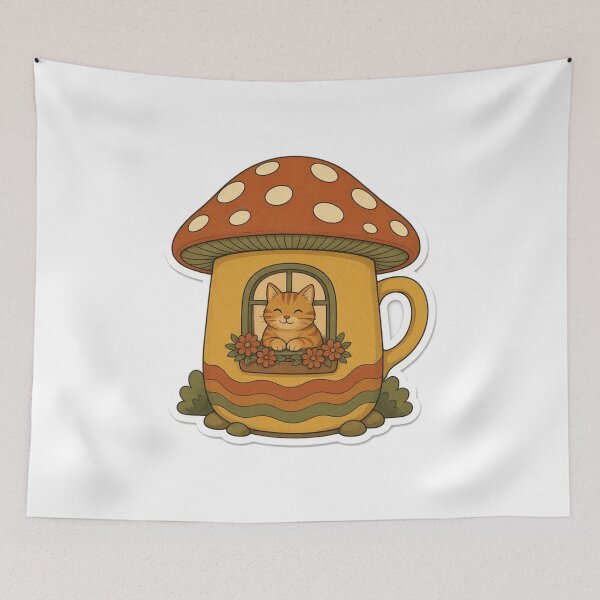 Item preview, Retro 70s Mushroom Mug House Cat designed and sold by OddLittleGoods.