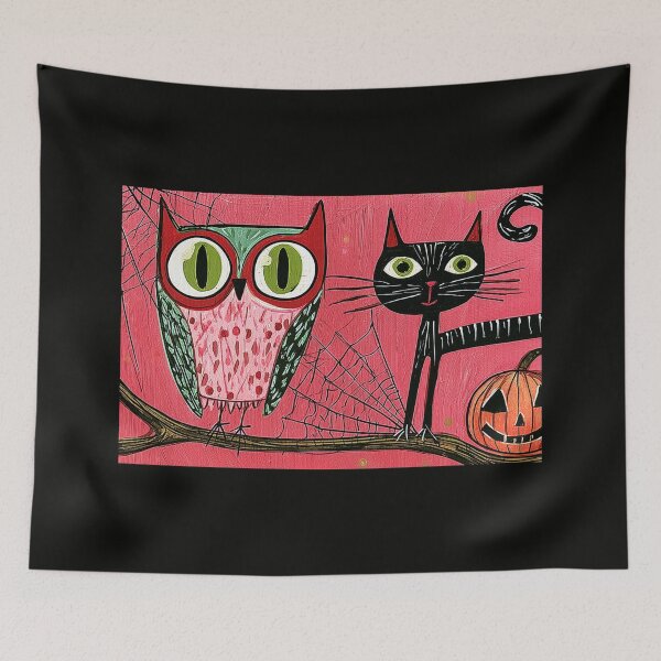 Item preview, Celebrate Halloween with a Colorful Owl, Mysterious Black Cat, Spooky Spider Web and Glowing Pumpkin designed and sold by OlfactoART Studio.