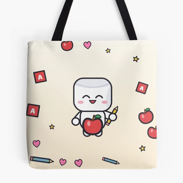 Best Teacher Ever - Cute Marshmallow Pip with Apple and Pencil — All Over Print Tote Bag by BiMood