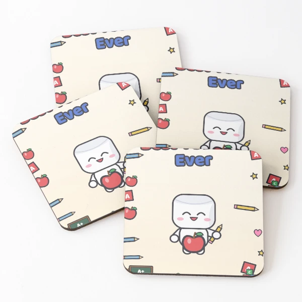 Best Teacher Ever - Cute Marshmallow Pip with Apple and Pencil — Coasters (Set of 4) by BiMood