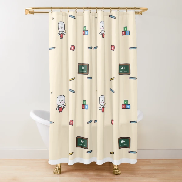 Best Teacher Ever - Cute Marshmallow Pip with Apple and Pencil — Shower Curtain by BiMood