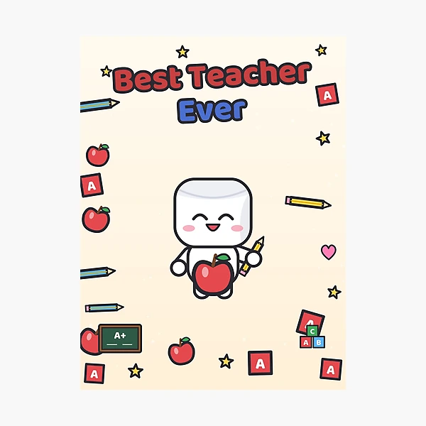 Best Teacher Ever - Cute Marshmallow Pip with Apple and Pencil — Photographic Print by BiMood