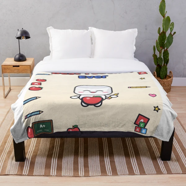 Best Teacher Ever - Cute Marshmallow Pip with Apple and Pencil — Throw Blanket by BiMood