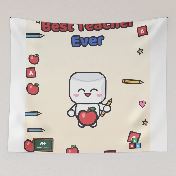 Best Teacher Ever - Cute Marshmallow Pip with Apple and Pencil — Tapestry by BiMood