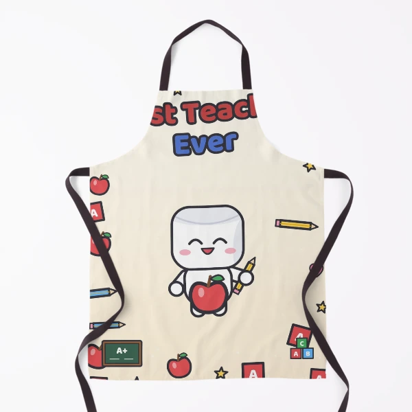 Best Teacher Ever - Cute Marshmallow Pip with Apple and Pencil — Apron by BiMood