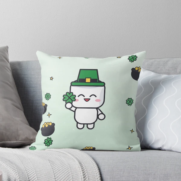 Feeling Lucky - Cute St Patricks Day Marshmallow Pip with Shamrock — Throw Pillow by BiMood