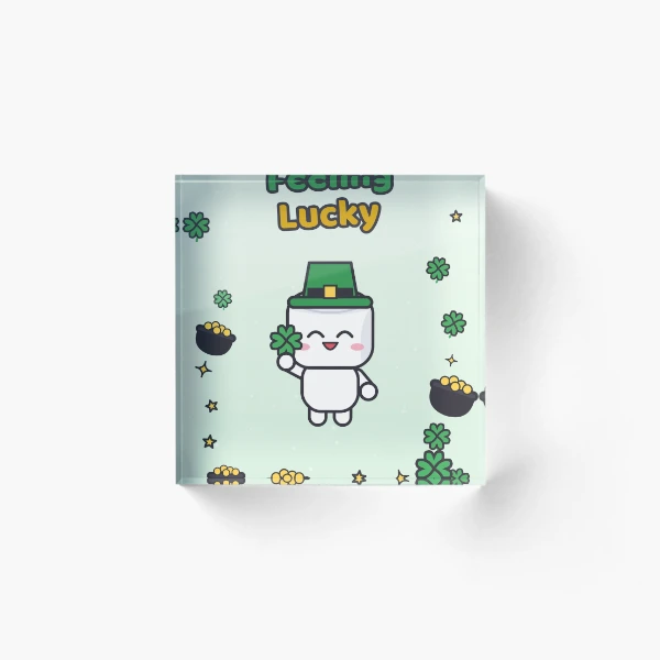 Feeling Lucky - Cute St Patricks Day Marshmallow Pip with Shamrock — Acrylic Block by BiMood
