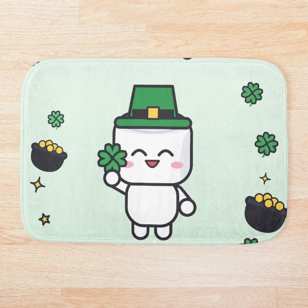Feeling Lucky - Cute St Patricks Day Marshmallow Pip with Shamrock — Bath Mat by BiMood
