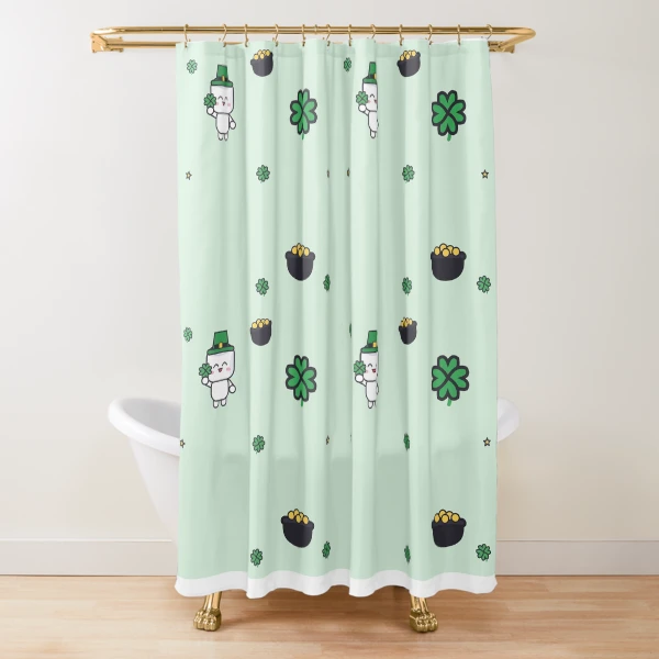 Feeling Lucky - Cute St Patricks Day Marshmallow Pip with Shamrock — Shower Curtain by BiMood