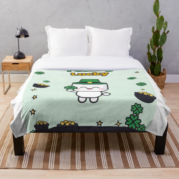 Feeling Lucky - Cute St Patricks Day Marshmallow Pip with Shamrock — Throw Blanket by BiMood