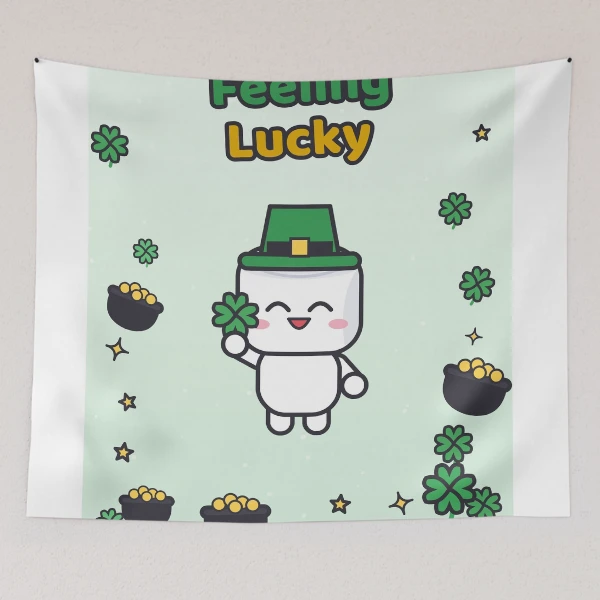 Feeling Lucky - Cute St Patricks Day Marshmallow Pip with Shamrock — Tapestry by BiMood