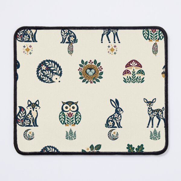 Item preview, Woodland Animal Pattern on Cream, Folk Art Fox and Owl Parade designed and sold by H. Doucette Studio.
