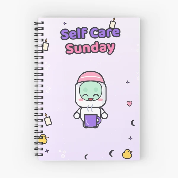 Self Care Sunday - Cute Marshmallow Pip with Face Mask and Tea — Spiral Notebook by BiMood