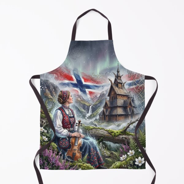 Item preview, Norwegian Folk Musician Stave Church Northern Lights Watercolor designed and sold by VPanPrint.