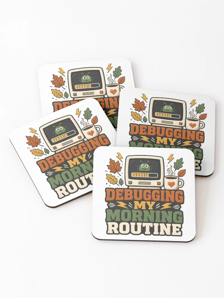 Thumbnail 1 of 5, Coasters (Set of 4), Debugging My Morning Routine – Informatics Nurse Coffee & Tech Humor designed and sold by CuteDesignables.