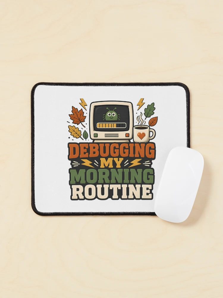 Thumbnail 1 of 5, Mouse Pad, Debugging My Morning Routine – Informatics Nurse Coffee & Tech Humor designed and sold by CuteDesignables.