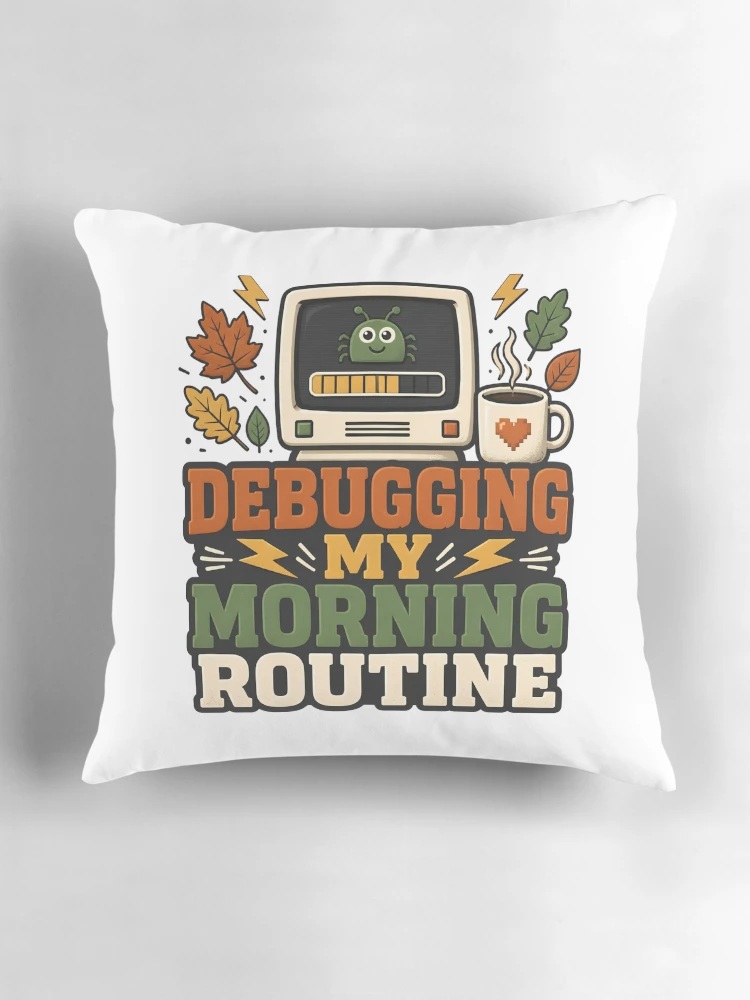 Thumbnail 3 of 4, Pillow, Debugging My Morning Routine – Informatics Nurse Coffee & Tech Humor designed and sold by CuteDesignables.