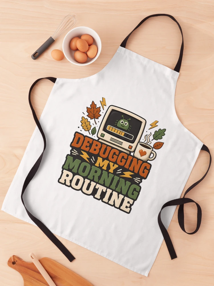 Thumbnail 1 of 6, Apron, Debugging My Morning Routine – Informatics Nurse Coffee & Tech Humor designed and sold by CuteDesignables.