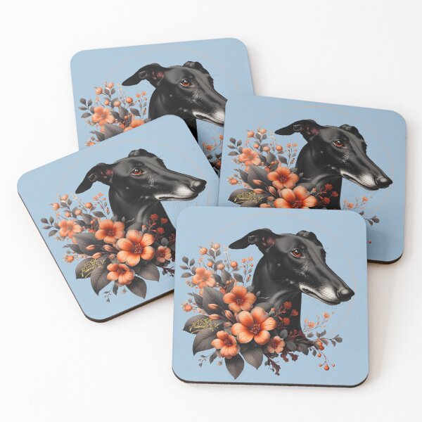 Item preview, GALOGO - Black Beauty No. 02 – Black Galgo with Orange Blossoms designed and sold by GALOGO – Art for Sighthounds & Animal Welfare.