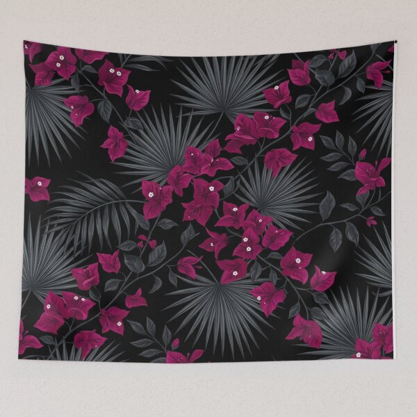 Item preview, Tropical Magenta Bougainvillea Dark Palm Leaves Pattern designed and sold by Owcomm.
