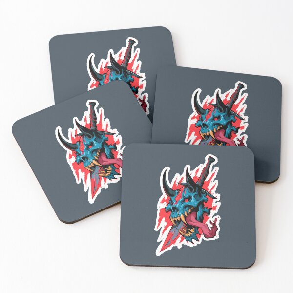 Item preview, Blue Oni Demon Skull Sticker with Dagger and Red Splash designed and sold by peterdesigns.