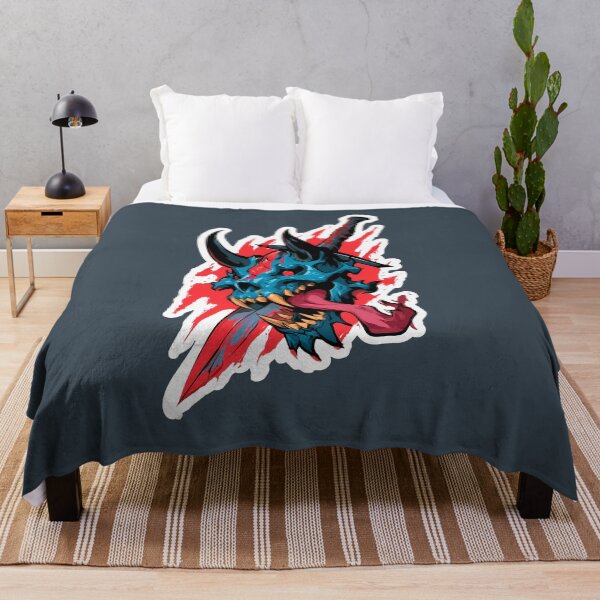 Item preview, Blue Oni Demon Skull Sticker with Dagger and Red Splash designed and sold by peterdesigns.