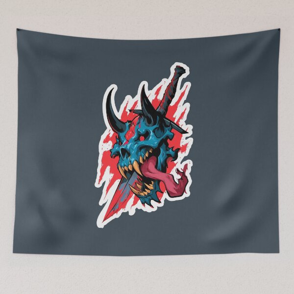 Item preview, Blue Oni Demon Skull Sticker with Dagger and Red Splash designed and sold by peterdesigns.