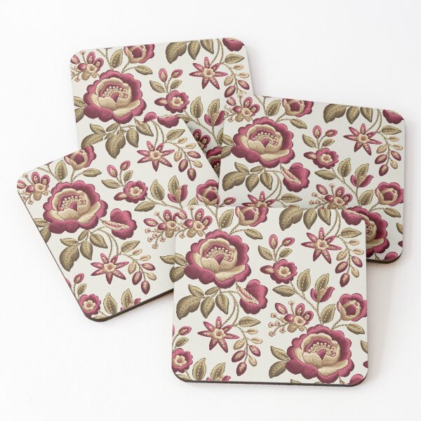 Item preview, Vintage Burgundy Embroidered Roses on Cream designed and sold by Mindful Wall Art Studio.