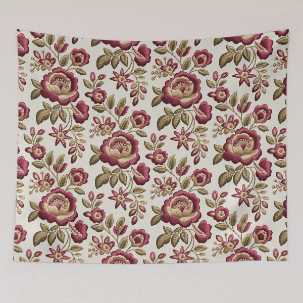 Item preview, Vintage Burgundy Embroidered Roses on Cream designed and sold by Mindful Wall Art Studio.