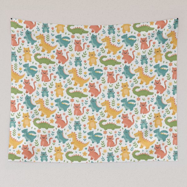 Item preview, Cute Dinosaurs and Cats Pastel Pattern designed and sold by Mindful Wall Art Studio.