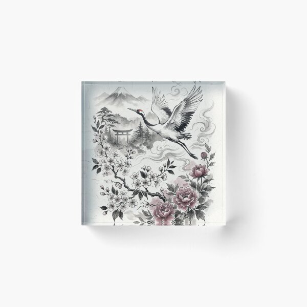 Item preview, Sacred Japanese Crane and Cherry Blossoms Ink Art designed and sold by iris-festival.