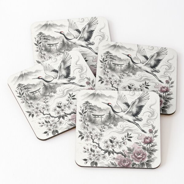 Item preview, Sacred Japanese Crane and Cherry Blossoms Ink Art designed and sold by iris-festival.
