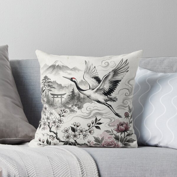 Item preview, Sacred Japanese Crane and Cherry Blossoms Ink Art designed and sold by iris-festival.