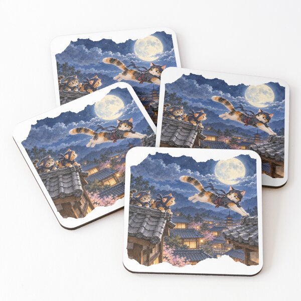 Item preview, Ninja Cat Training Night - Japanese Shinobi Cat Family Art designed and sold by japan-picto.