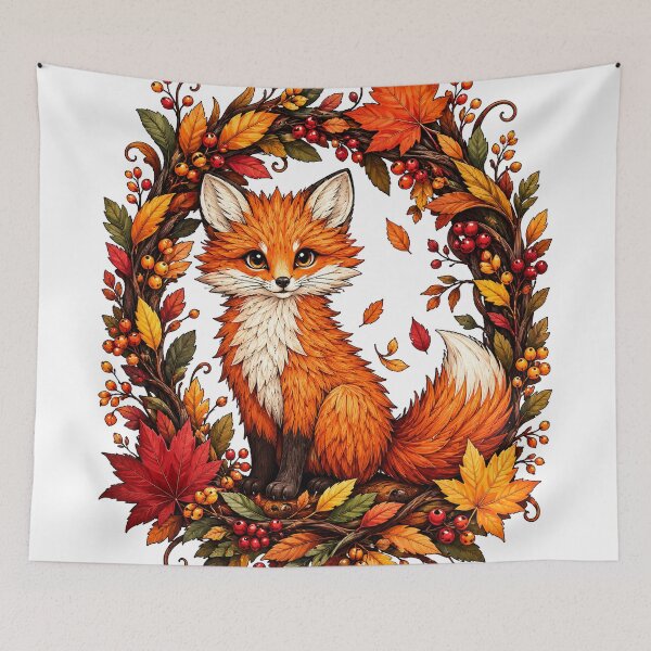 Item preview, Cute Autumn Fox with Fall Leaves and Berry Wreath designed and sold by aliyehc.