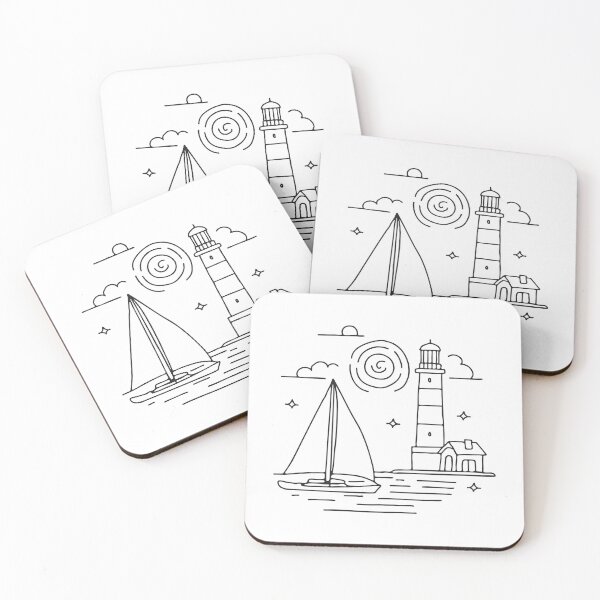 Item preview, A yacht near a lighthouse casting shadows at sunset designed and sold by rasagamastore.