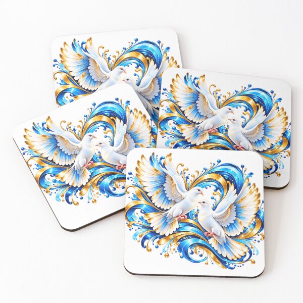 Item preview, Two White Doves of Peace and Love – Abstract Blue and Gold Bird Artwork, Romantic Flying Doves Design designed and sold by GoodPlaceToShop.