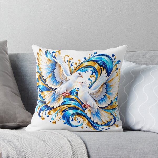 Item preview, Two White Doves of Peace and Love – Abstract Blue and Gold Bird Artwork, Romantic Flying Doves Design designed and sold by GoodPlaceToShop.