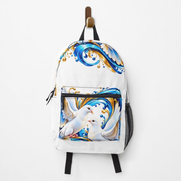 Item preview, Two White Doves of Peace and Love – Abstract Blue and Gold Bird Artwork, Romantic Flying Doves Design designed and sold by GoodPlaceToShop.