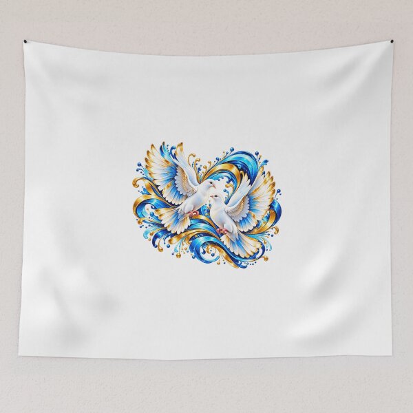 Item preview, Two White Doves of Peace and Love – Abstract Blue and Gold Bird Artwork, Romantic Flying Doves Design designed and sold by GoodPlaceToShop.