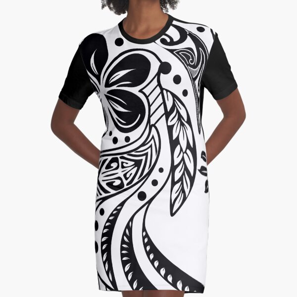 Polynesian Tribal Black And White Graphic T-Shirt Dress