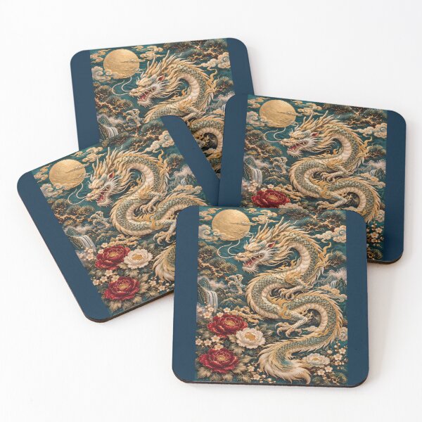 Item preview, Chinese Dragon with Moon and Peony Flowers – Fantasy Dragon Art designed and sold by ManJiangHong.