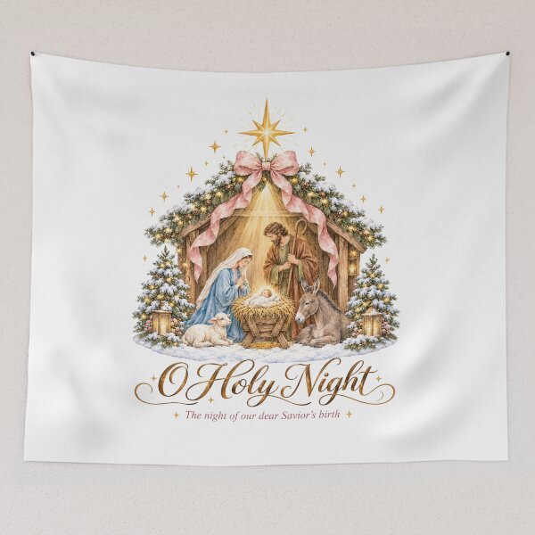 Item preview, O Holy Night Watercolor Nativity Scene with Pink Bow designed and sold by Panom Suavichien.