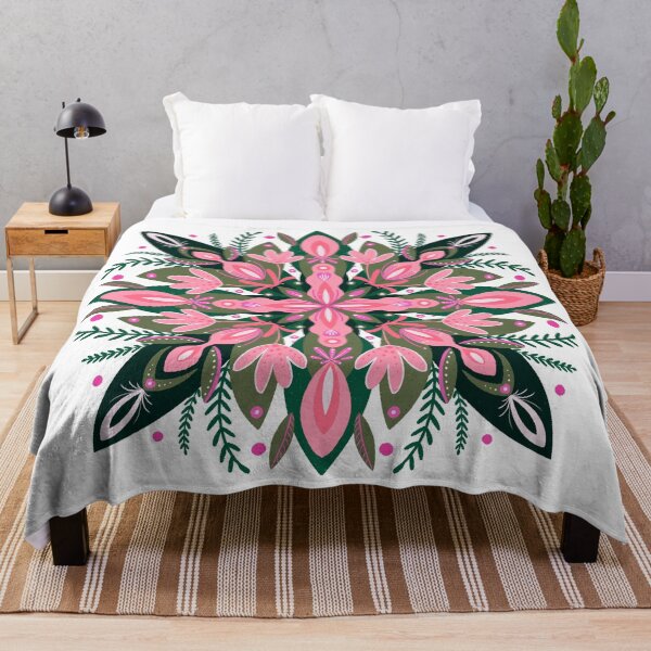 Item preview, Botanical Folk Art Floral Mandala in Pink and Forest Green designed and sold by Home Cyn Home.