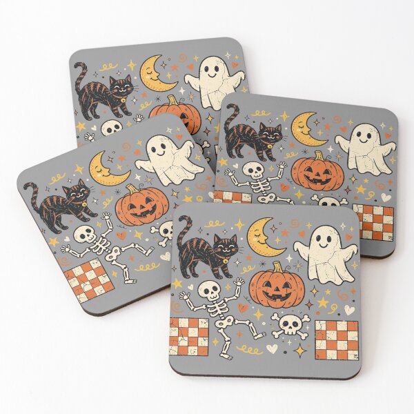 Item preview, Y2K Groovy Halloween Checkered Ghost Cat Pumpkin Skeleton Party designed and sold by Yellowriversss.
