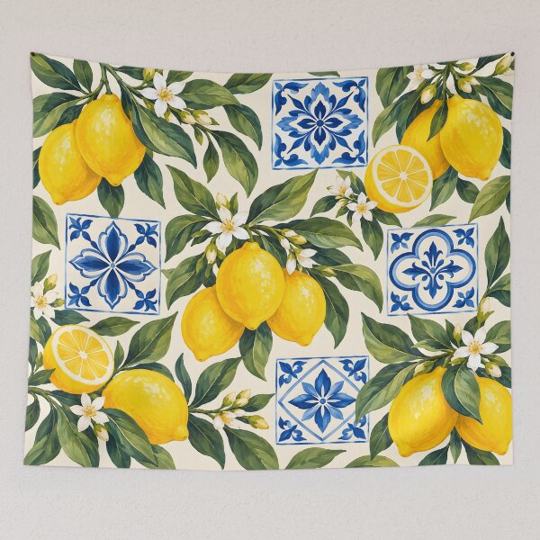 Item preview, Mediterranean Lemons and Cobalt Blue Tiles designed and sold by AuraMuse Studio.