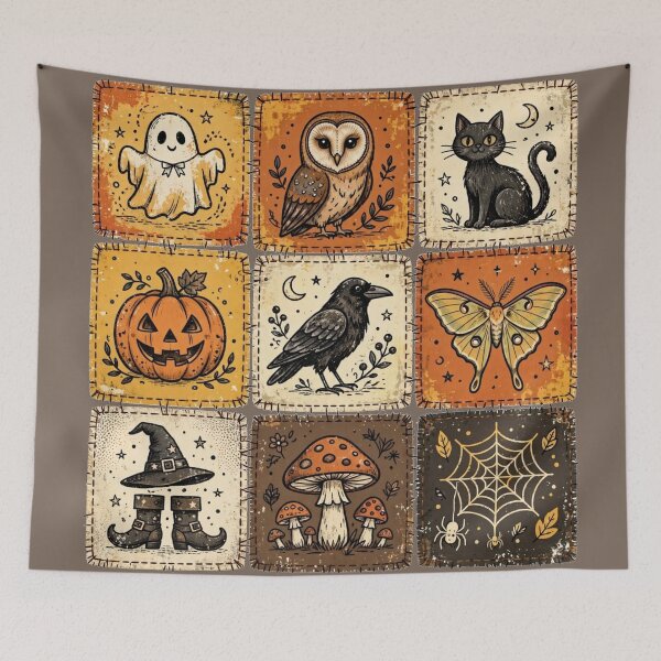 Item preview, Vintage Halloween Patchwork Ghost Owl Cat Pumpkin Crow designed and sold by Yellowriversss.