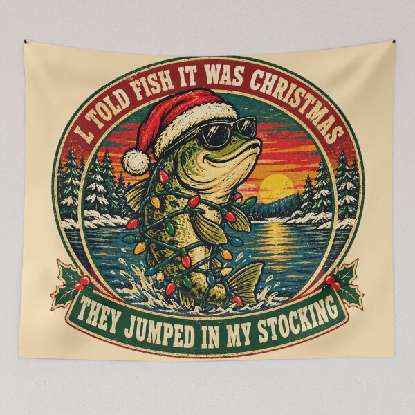 Item preview, Funny Merry Fishmas Bass Santa Hat Lights Stocking designed and sold by Yellowriversss.